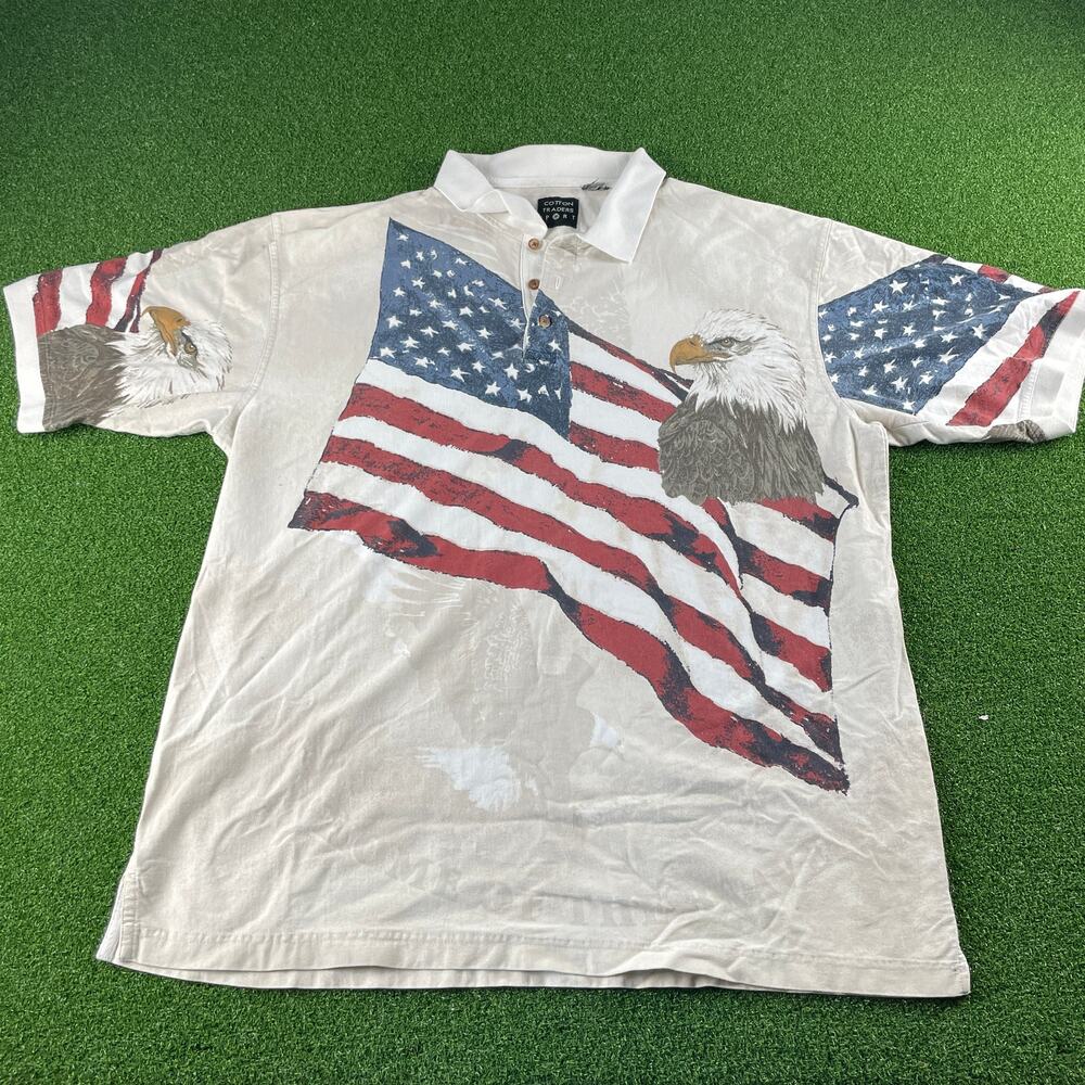 Vintage Cotton Traders Sport American Flag USA Eagle Patriotic Polo Shirt Sz XL
